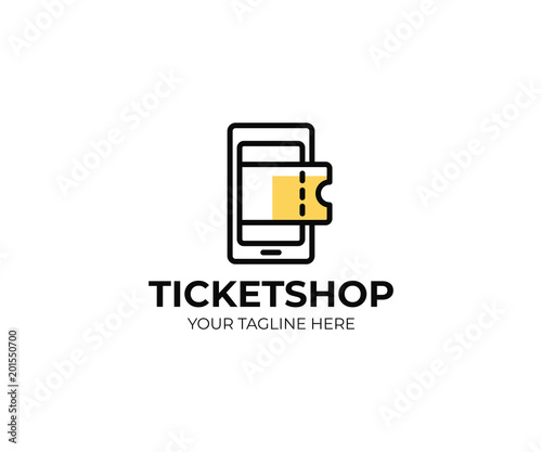 Online ticket shop logo template. Mobile phone and tickets vector design. Online ticket center logotype