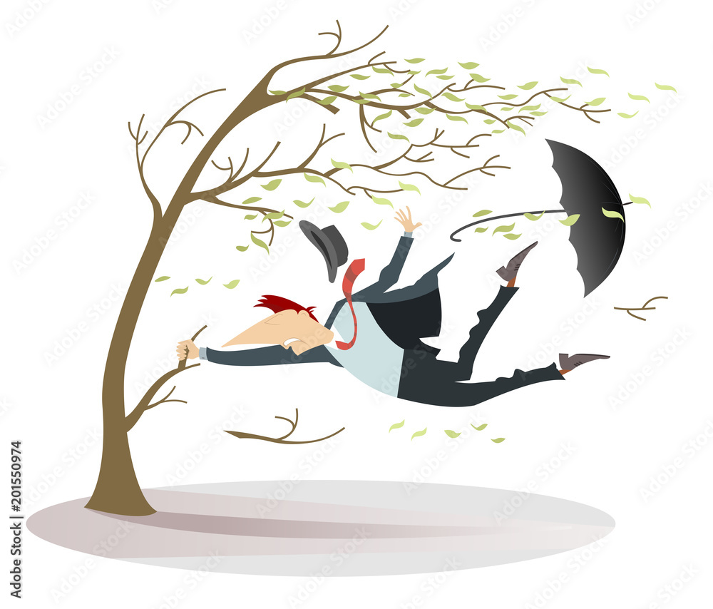 Strong wind, flying leaves and a man lost his hat and umbrella trying to keep his life catching a tree isolated on white illustration
