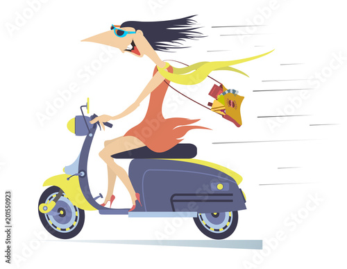 Comic young woman rides on the scooter. Funny young woman in the sunglasses with long disheveled on the wind hair speeds on the scooter isolated on white illustration
