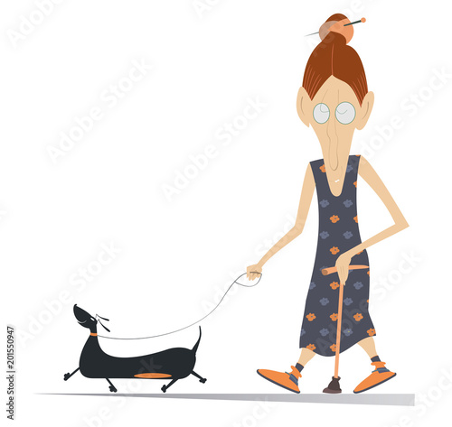 Cartoon senior woman walks with a walking stick and the dog illustration isolated. Old woman, dog and cane isolated on white illustration
