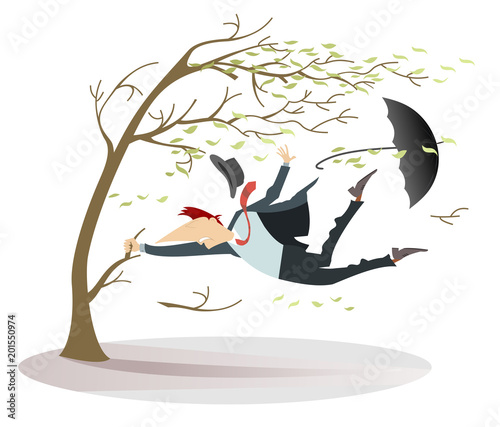 Strong wind, flying leaves and a man lost his hat and umbrella trying to keep his life catching a tree isolated on white illustration
