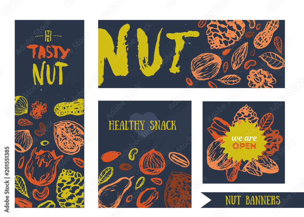 Set of Nut food banners with hazelnut, walnut, pine nuts, pecan, peanut. Healthy hand drawn snack collection for promotion, logo, icon design Set of Nut food banners with hazelnut, walnut, pine nuts, pecan, peanut. Healthy hand drawn snack collection for promotion, logo, icon design