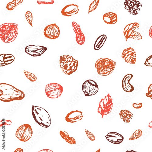 Grunge nuts seamless pattern in brown autumn color with hazelnut, walnut, pine nuts, pecan, peanut. Healthy hand drawn snack collection for logo, icon design