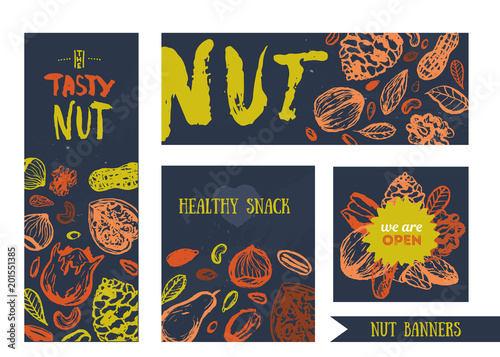 Set of Nut food banners with hazelnut, walnut, pine nuts, pecan, peanut. Healthy hand drawn snack collection for promotion, logo, icon design