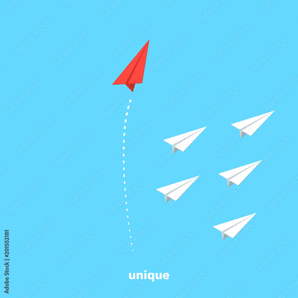 red paper airplane flies in the opposite direction from a group of other airplanes, isometric image