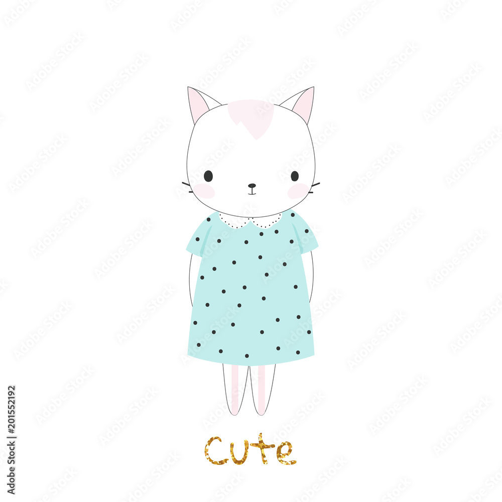 Cute little kitten in dress. Vector hand drawn illustration. Cute little kitten in dress. Vector hand drawn illustration.