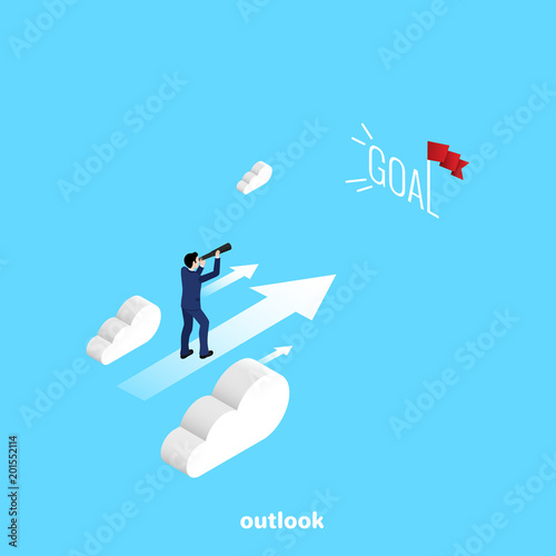 a man in a business suit stands on the arrow in the middle of the clouds and looks in a telescope, an isometric image