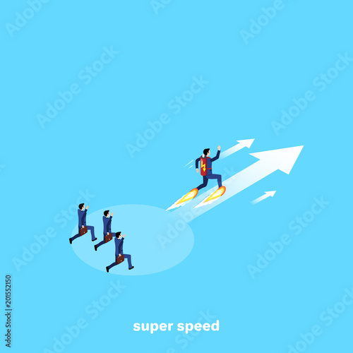 a man in a business suit with a battery on his back running along the arrow forward to success, an isometric image