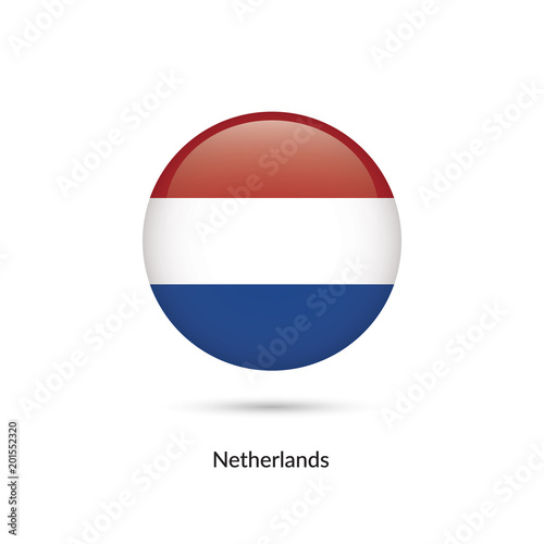 Netherlands flag - round glossy button. Vector Illustration.
