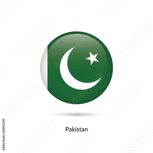 Pakistan flag - round glossy button. Vector Illustration.