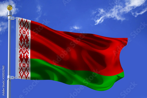 The silk waving flag of Belarus with a flagpole on a blue sky background with clouds .3D illustration. photo