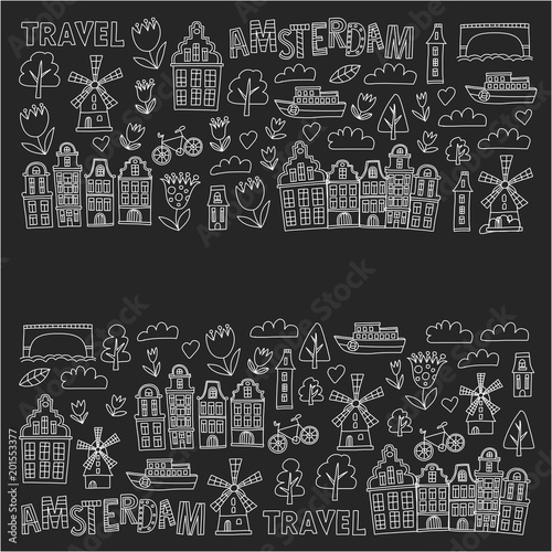 Vector pattern with Amsterdam city House  architecture  mill  tulip. Holland doodle icon