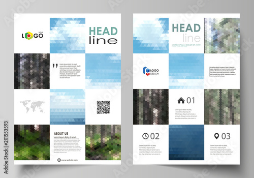Templates for brochure, magazine, flyer, booklet or annual report. Cover design template, abstract vector layout in A4 size. Colorful background, travel business, natural landscape in polygonal style.
