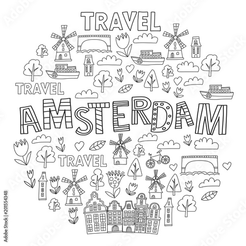 Vector pattern with Amsterdam city House, architecture, mill, tulip. Holland doodle icon