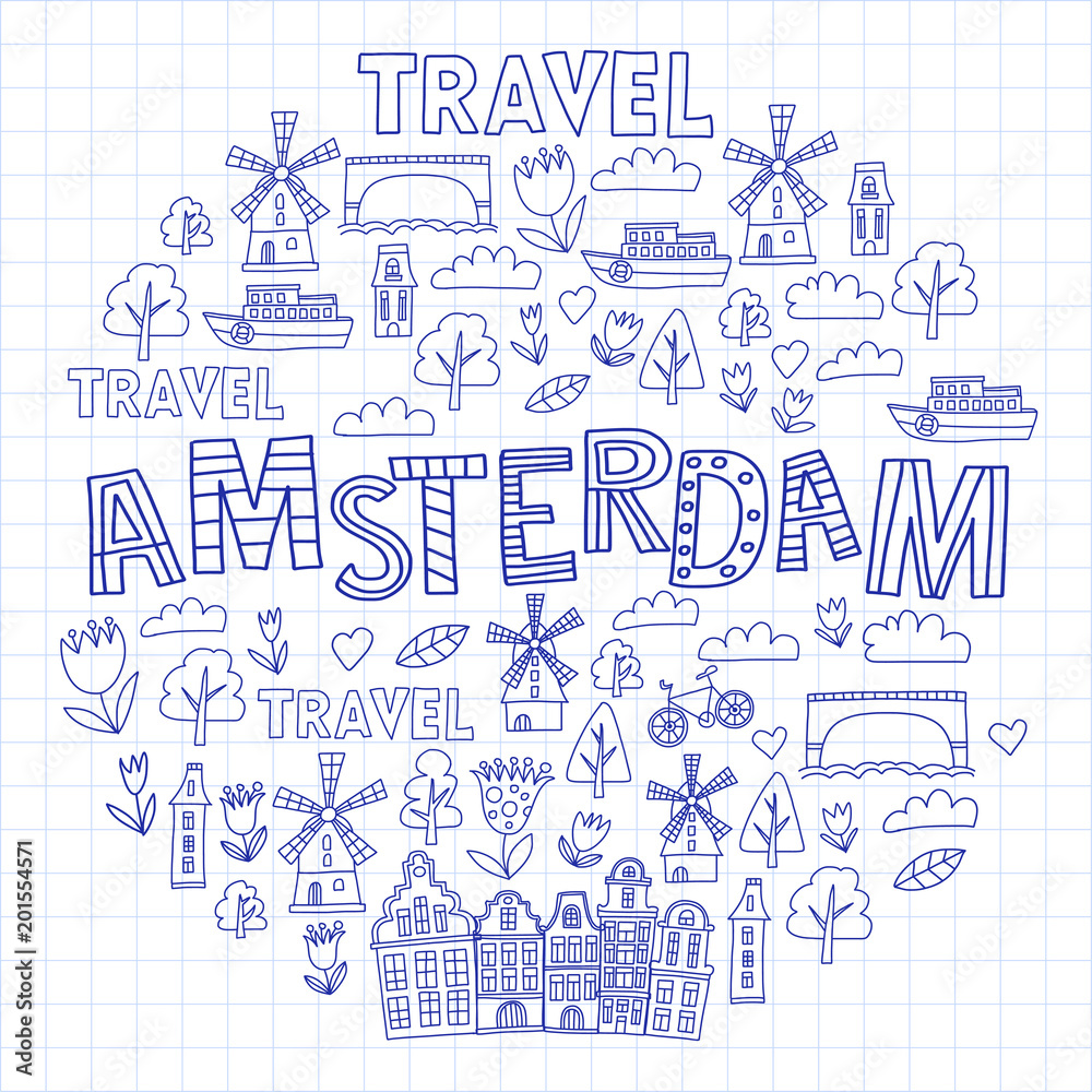 Vector pattern with Amsterdam city House, architecture, mill, tulip. Holland doodle icon