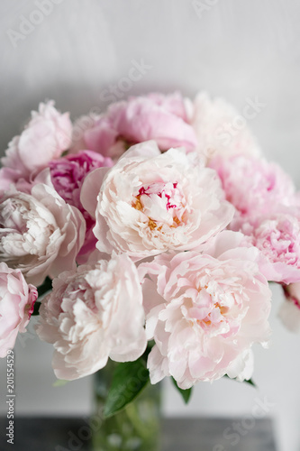 Cute and lovely peony. many layered petals. Bunch pale pink peonies flowers light gray background. Wallpaper, Vertical photo
