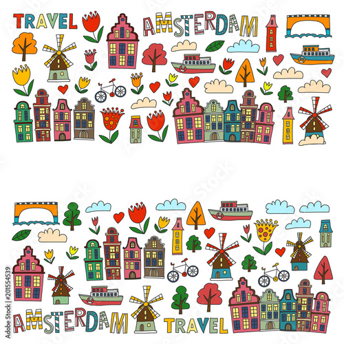 Vector pattern with Amsterdam city House, architecture, mill, tulip. Holland doodle icon