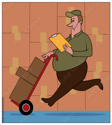 Warehouse / A man pushes boxes on a hand truck.