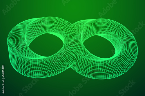 Mobius strip ring infinity sacred geometry. Spatial figure with upturned surfaces. Optical illusion with dual circular contour. Wireframe low poly mesh vector illustration.