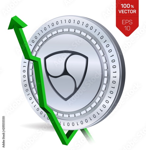 Nem. Growth. Green arrow up. Nem index rating go up on exchange market. Crypto currency. 3D isometric Physical Silver coin isolated on white background. Vector illustration.