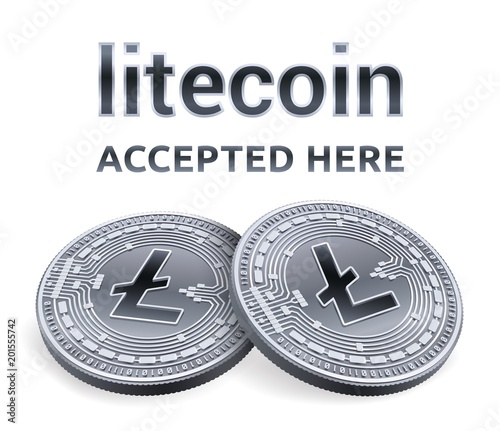 Litecoin. Accepted sign emblem. Crypto currency. Silver coins with Litecoin symbol isolated on white background. 3D isometric Physical coins with text Accepted Here. Vector illustration.
