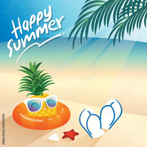 Pineapple wearing white sunglasses, and flip flops , summer items on the beach