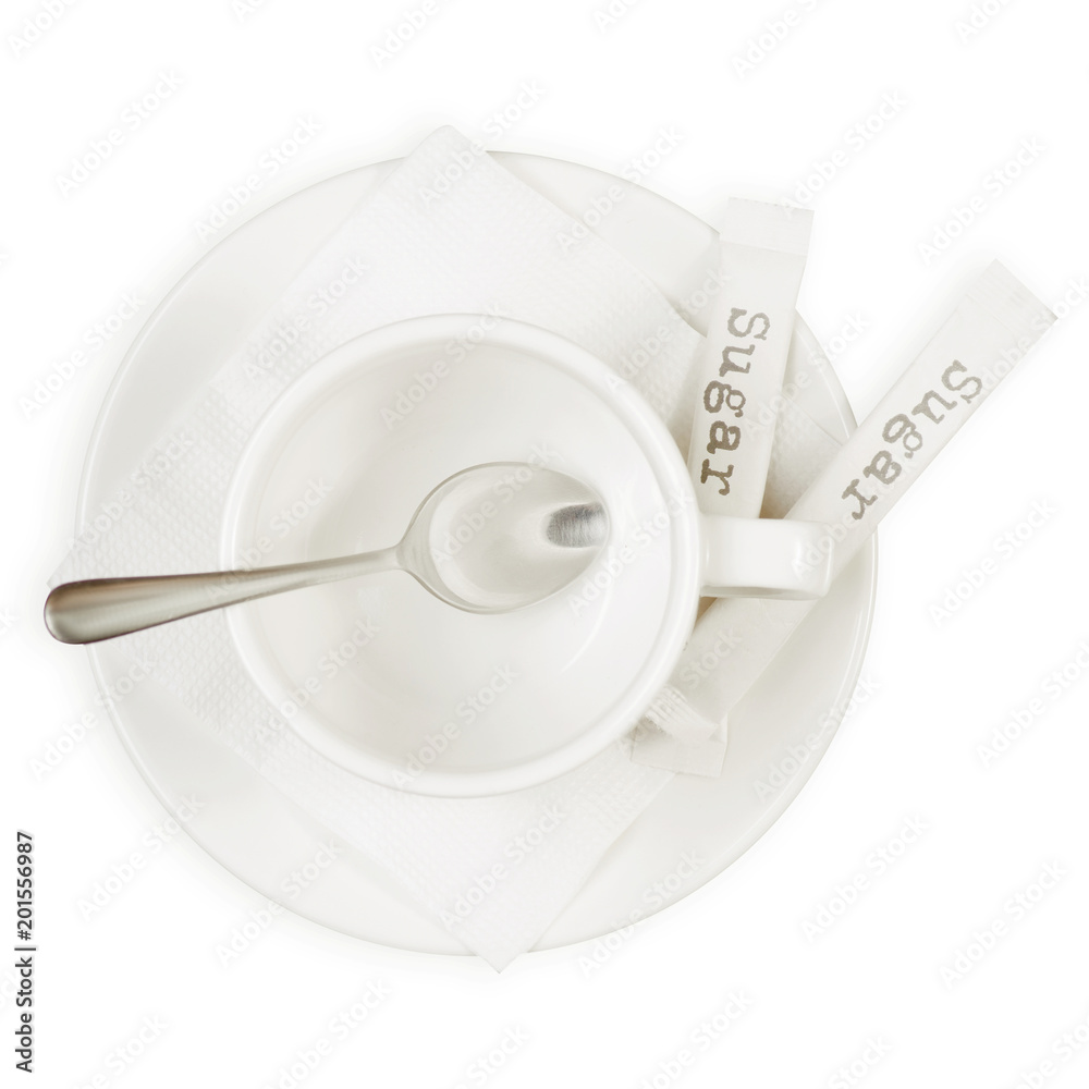 White cup and saucer sugar sticks spoon White cup and saucer sugar sticks spoon