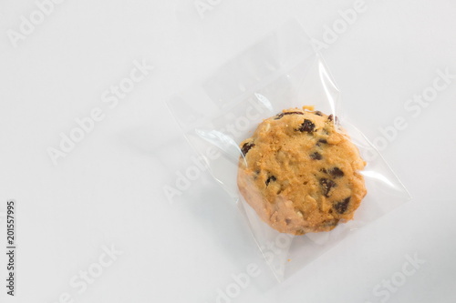 Cookie in plastic wrap packaging.