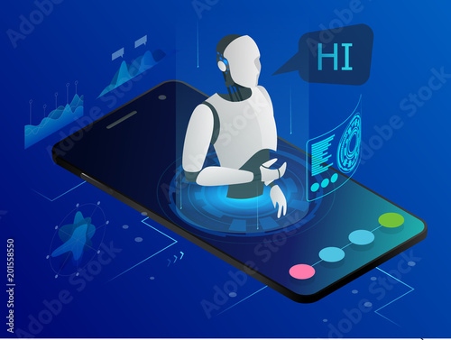 Isometric Science teacher bot concept. Artificial Intelligence, Knowledge Expertise Intelligence Learn. Technology and engineering. Online training banner.