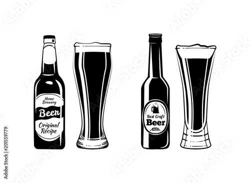 Bottles and two beer glasses.  illustration isolated on white