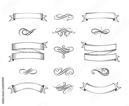 Blank vintage announcement ribbons set with swirl decoration isolated 