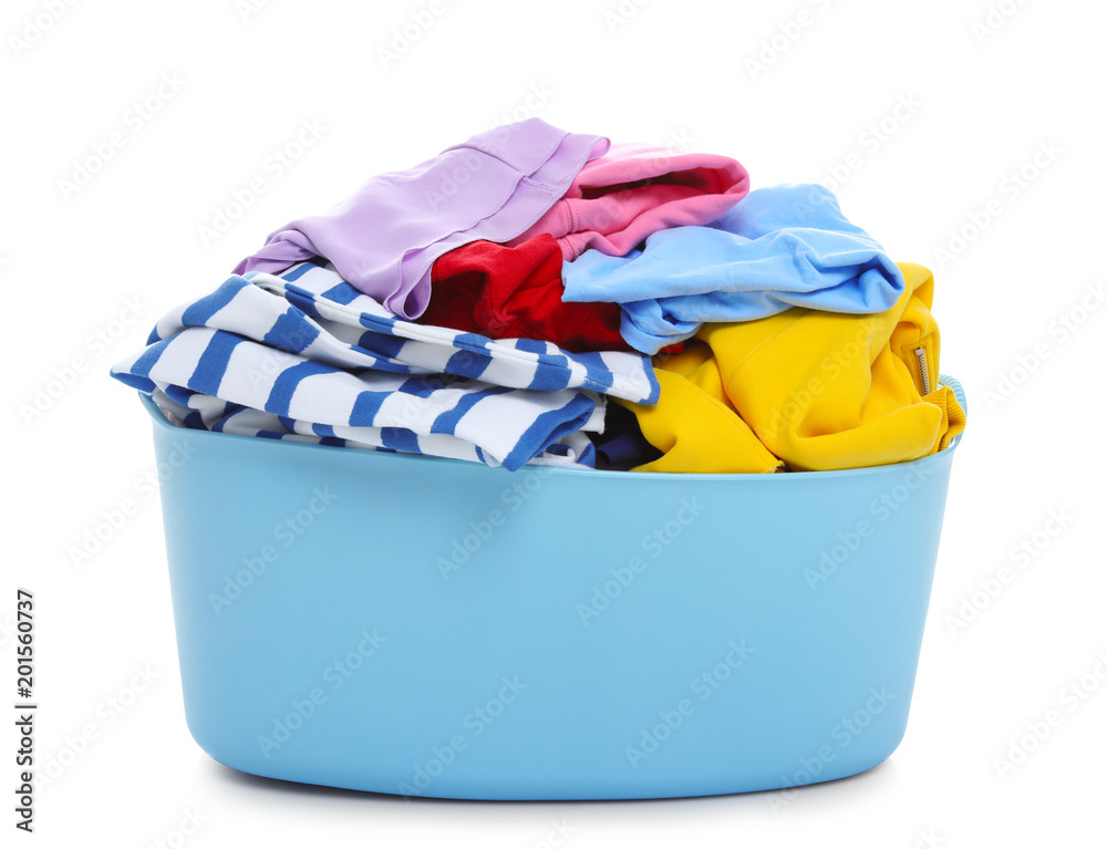 Laundry basket with dirty clothes on white background Laundry basket with dirty clothes on white background