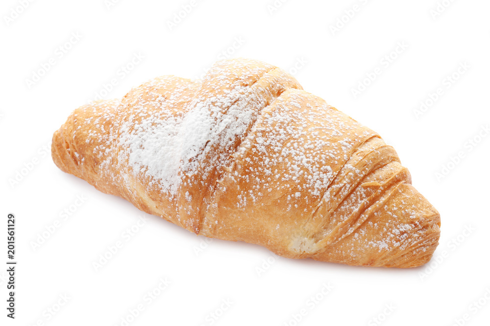 Tasty croissant with sugar powder on white background