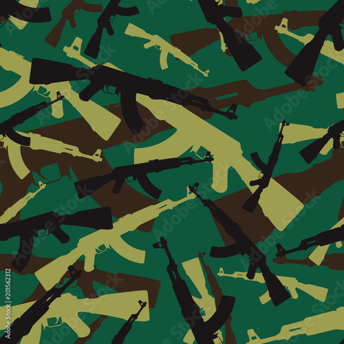 Seamless forest green assault rifle AK 47 military camouflage pattern vector