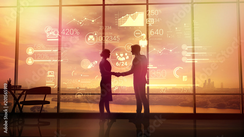 Business partners shake hands on the background of corporate infographics