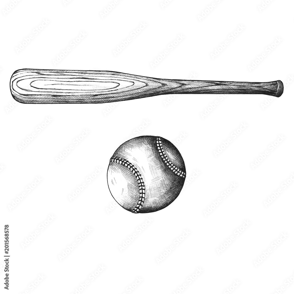 Fotografie Hand drawn baseball bat and ball isolated on background