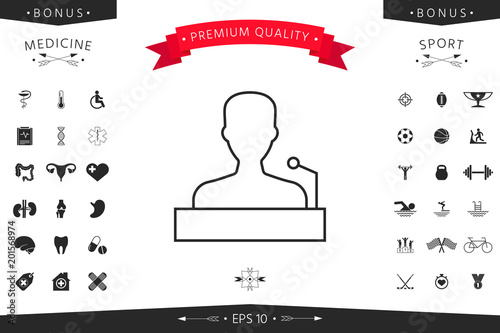 Speaker, orator speaking from tribune - line icon