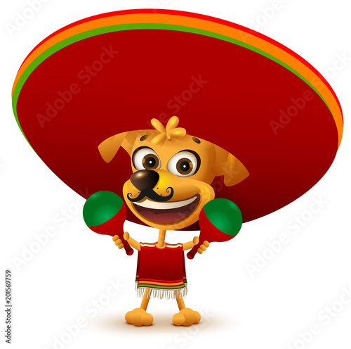 Funny cheerful yellow mexican dog in poncho and sombrero holding maracas