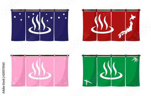 onsen entrance curtain of Japan . hot spring vector / sakura bamboo map and snow