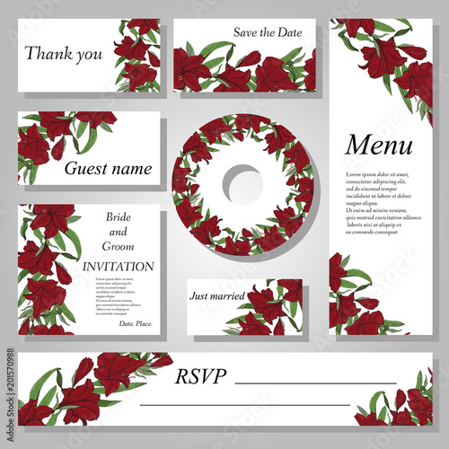 Set of handpainted flower wedding invitation card. photo