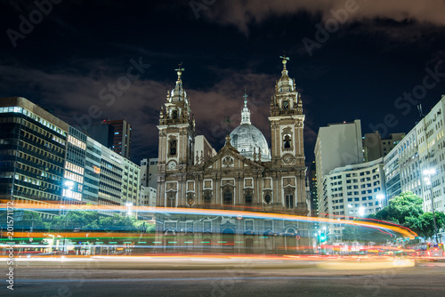 Candelaria Church in Rio de Janeiro City Downtown With Traffic Light Trails at Night