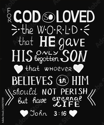 Golden Bible verse John 3 16 For God so loved the world, made hand lettering with hearts on black background.