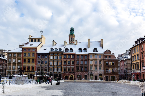 Snow in Market Square in old town Warsaw, Poland