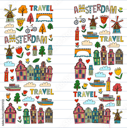 Vector pattern with Amsterdam city House, architecture, mill, tulip. Holland doodle icon