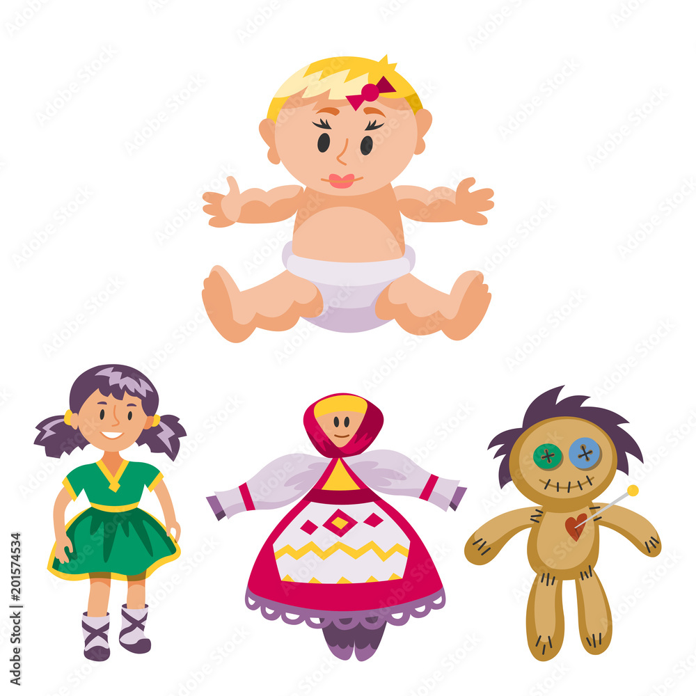 Different dolls toy character game dress and farm scarecrow rag-doll vector illustration