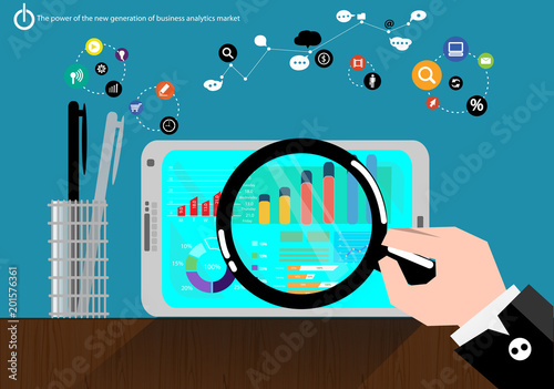 Vector power generation business analytics market data with advanced communications trade quickly comprising graph display icons flat design