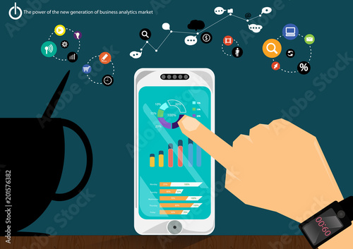 Vector power generation business analytics market data with advanced communications trade quickly comprising graph display icons flat design
