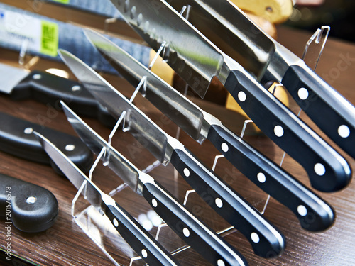 Kitchen knives on stand in store