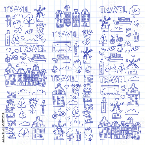 Vector pattern with Amsterdam city House, architecture, mill, tulip. Holland doodle icon