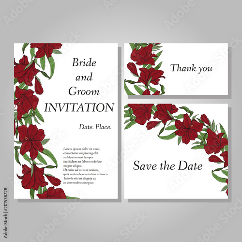 Set of handpainted flower wedding invitation card. photo